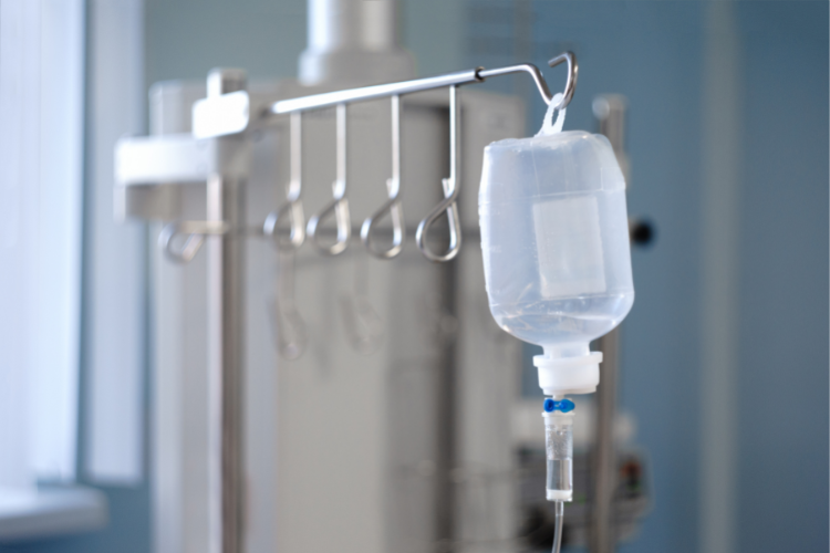 Monoferric Infusion IV drip fluid bag in hospital room