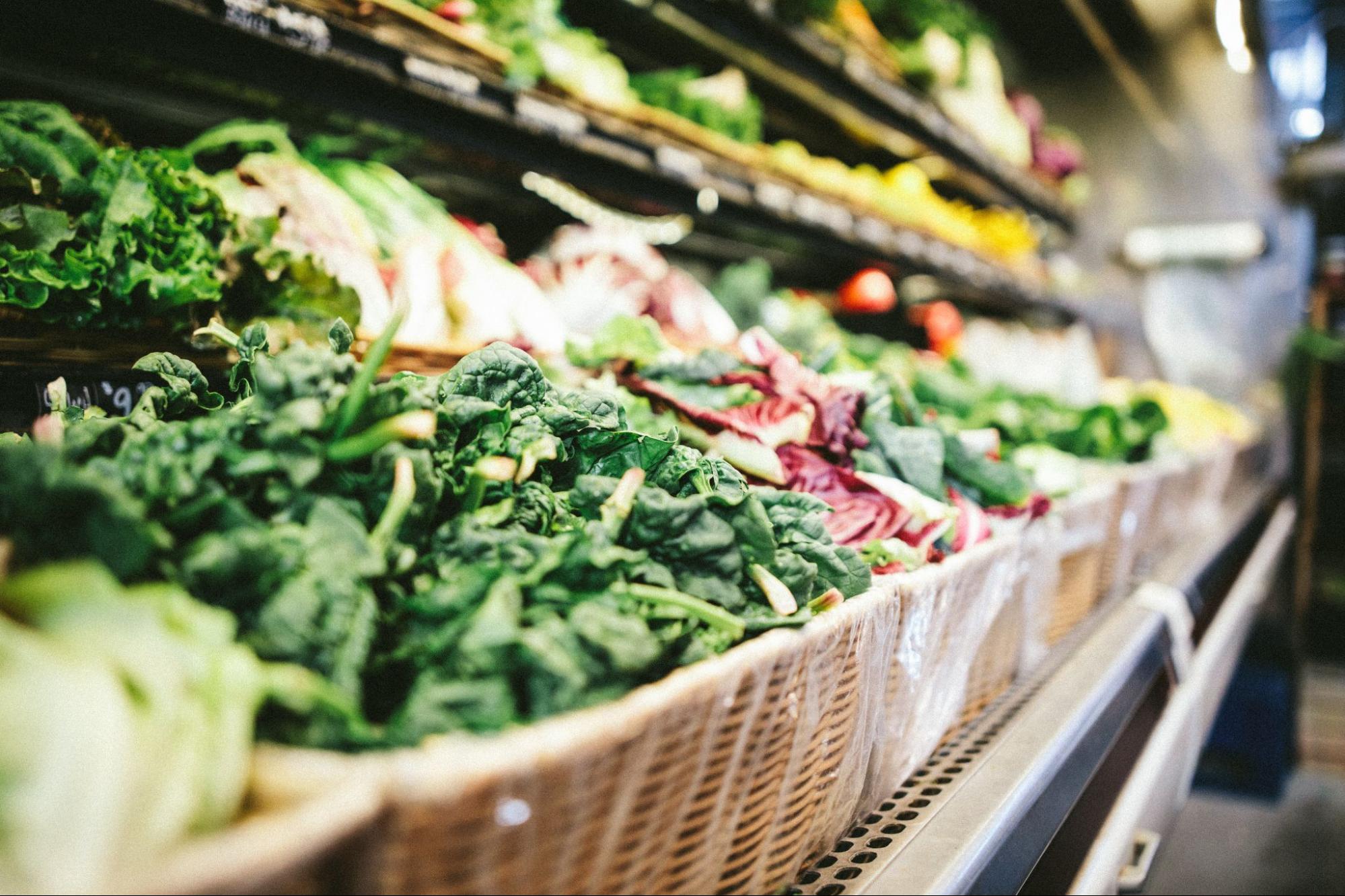 Assortment of vegetables in grocery store to be used as gut health hacks